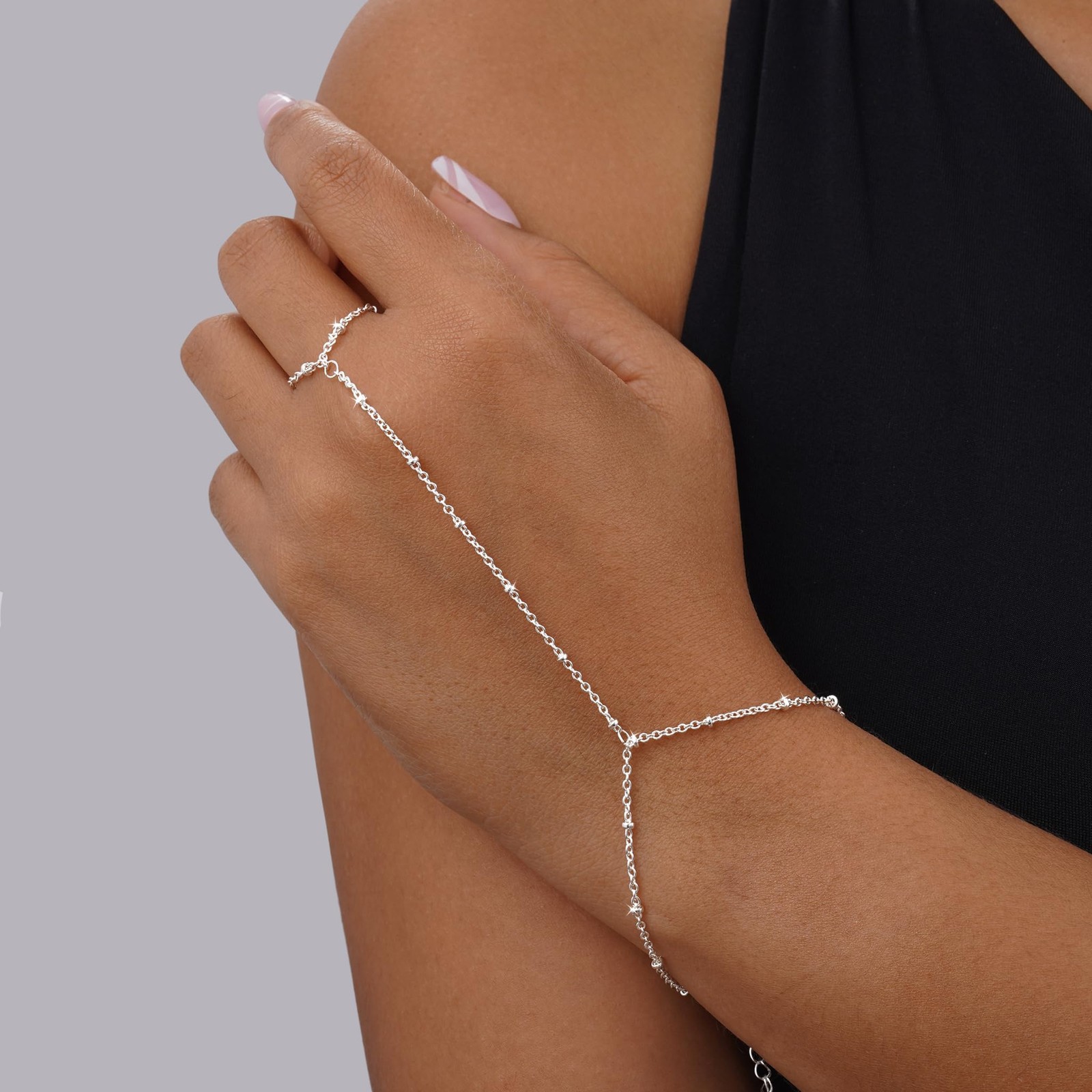 Tewiky Hand Chain Bracelet Ring, 14K Gold Plated/Silver Finger Ring