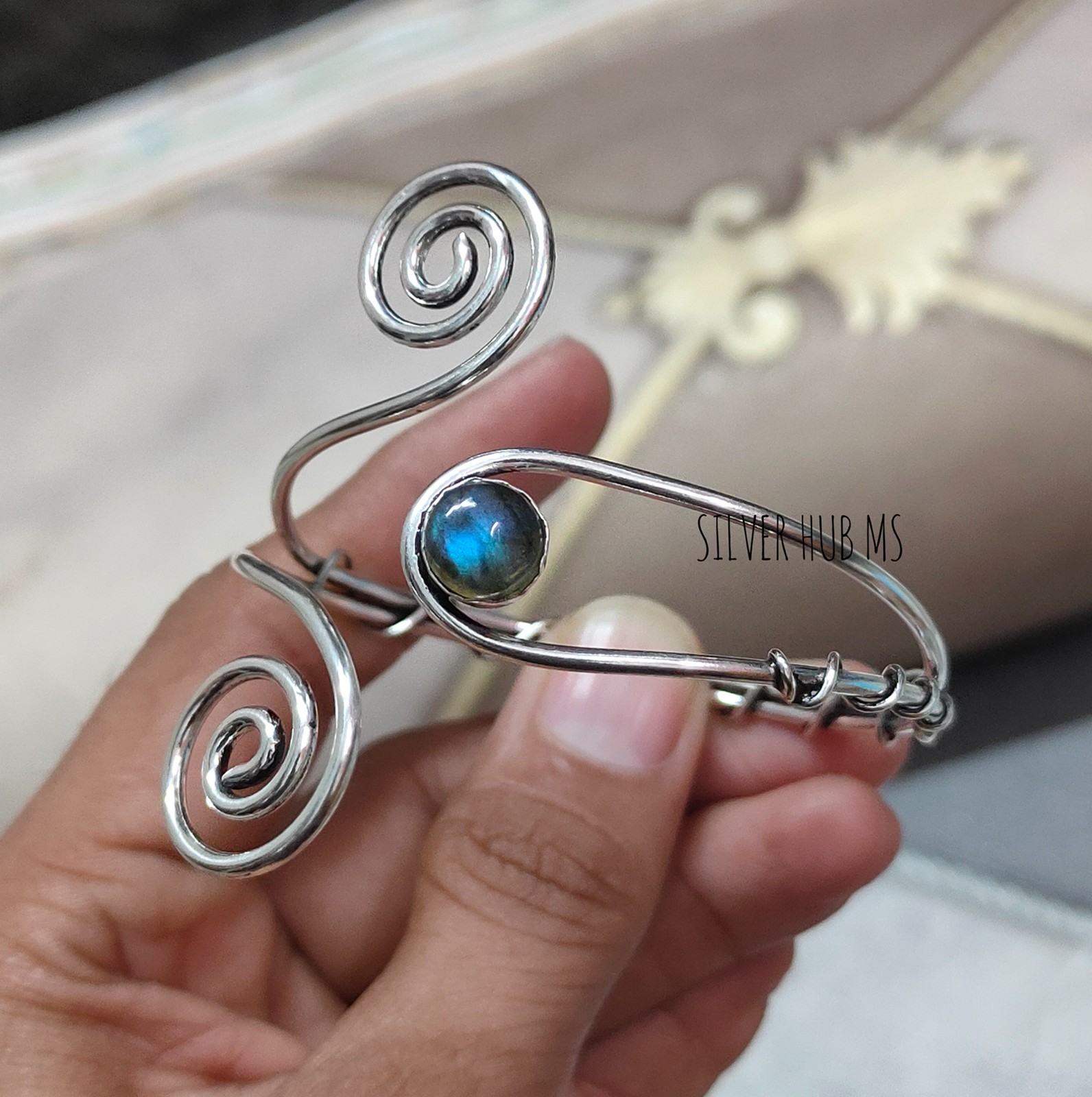 925 Sterling Silver Natural Labradorite Handmade Designer Adjustable Bangle Cuff