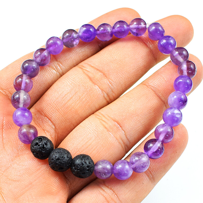 77.00 Cts Natural Purple Amethyst & Lava Stretchable Beads Bracelet NK 03E103