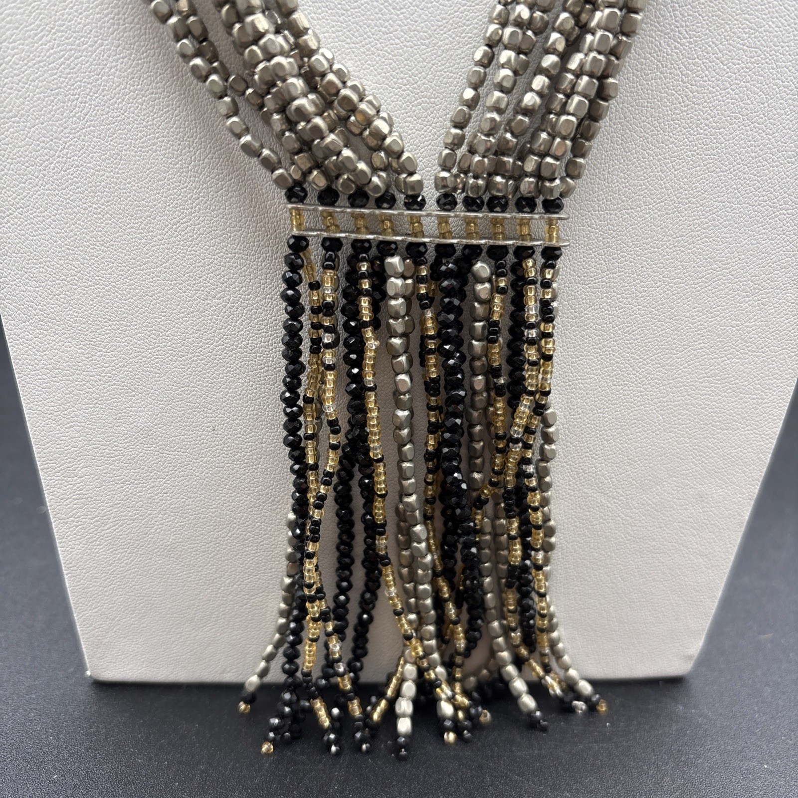 Himalayan Gems Necklace Fringe Boho Flapper Vibe Black Silver Gold Beads 23”