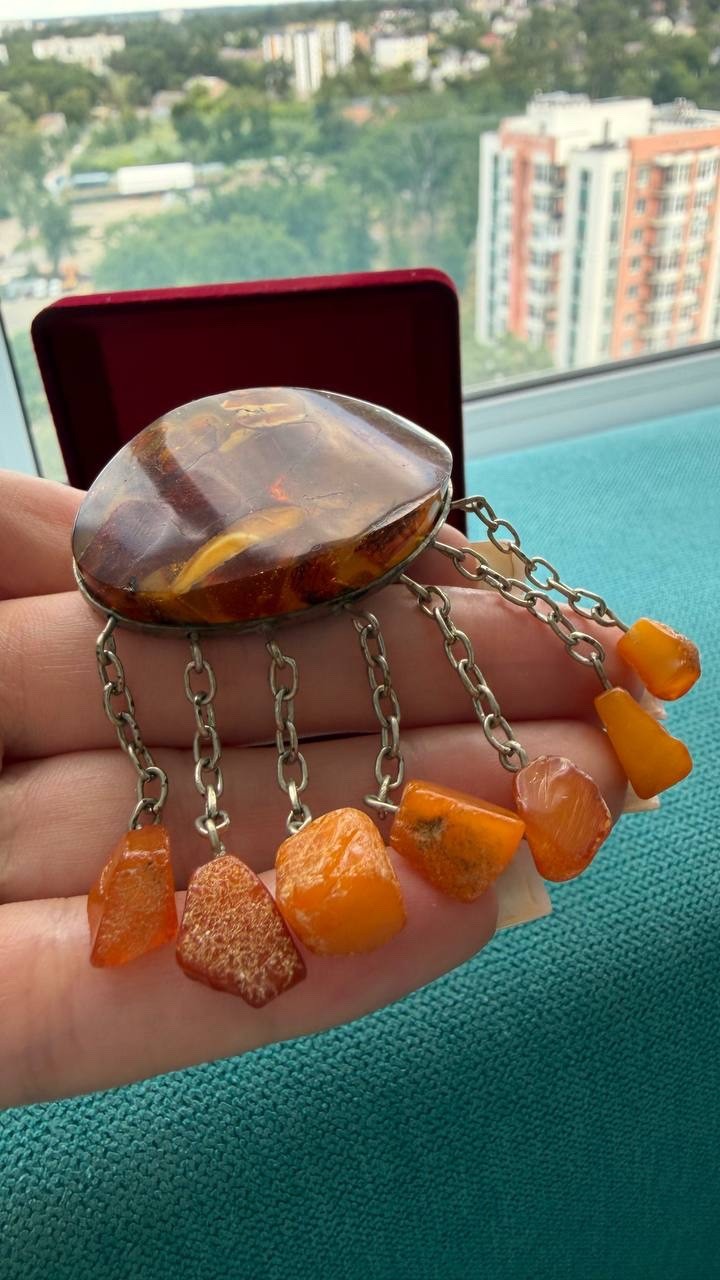 Vintage USSR Baltic Amber Mosaic Brooch Dangle Natural Amber 22g Rare