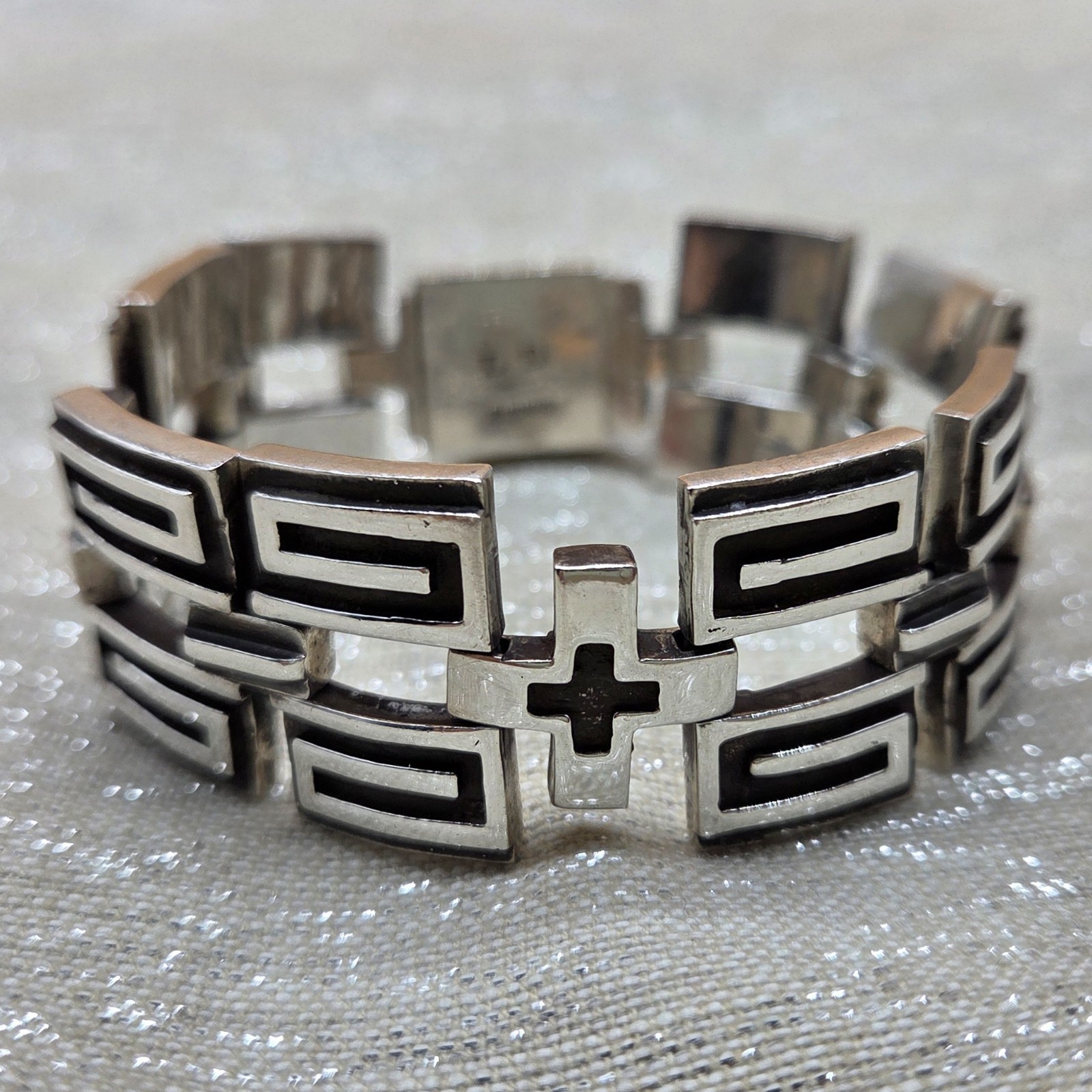 Vtg Lowell Draper Navajo Native American Sterling Silver Cross Link Bracelet 81g