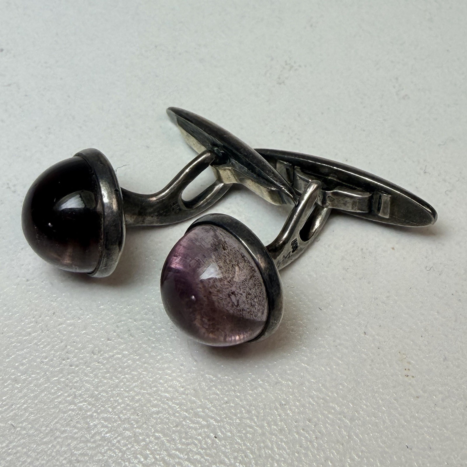 Vintage European 800 Silver Purple Amethyst Domed Glass Cufflinks signed M & P ?