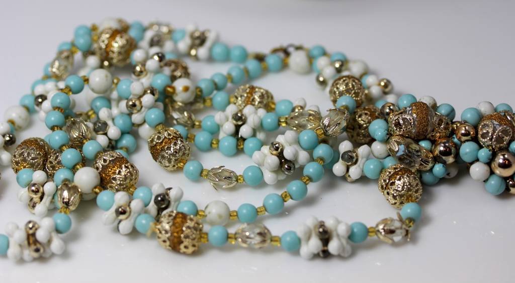Vintage Blue, White Silver & Gold Japan Necklace & Earrings Set 48″ – 6909
