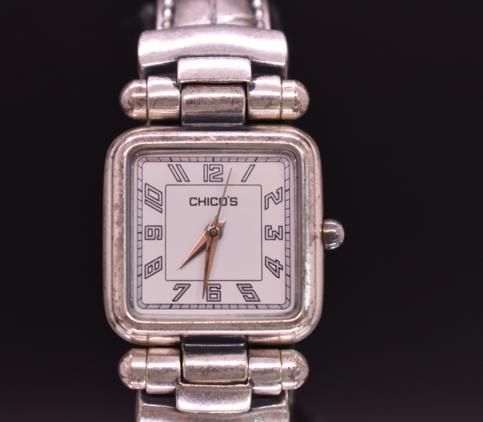 CHICO’S Silver Tone Square Dial Watch Women OX Cuff Bracelet Band NEW BATTERY