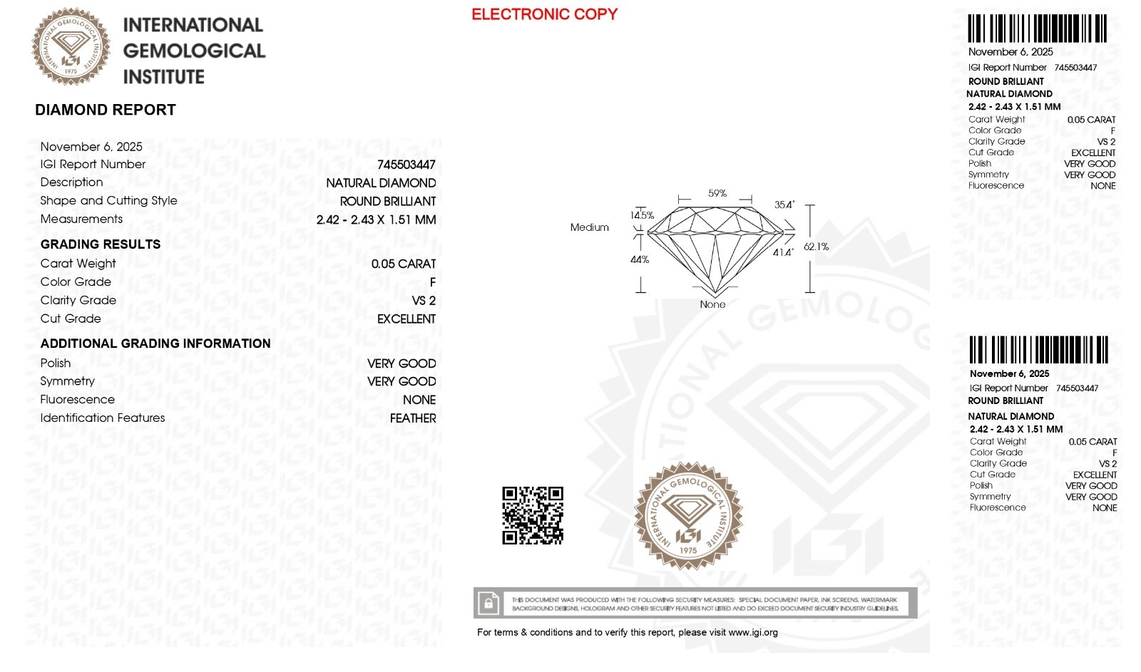 0.05 CT H Color VVS2 Clarity Natural DIAMOND IGI Certified & Sealed