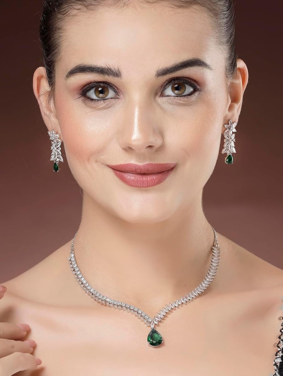 Indian bollywood white/green stone necklace set with matching earrings for women