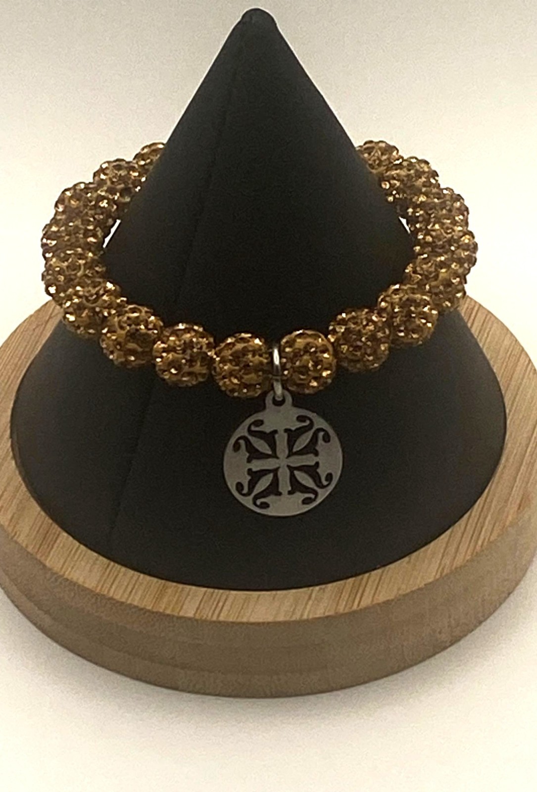 Rusted Cuff Gold Beaded Stretch Bracelet With Silver Charm Pendant