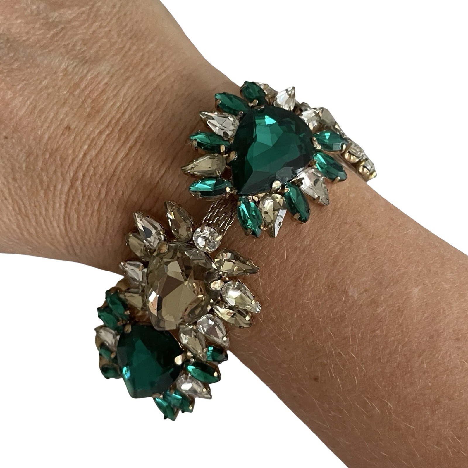 Vtg Rhinestone Bracelet Green Yellow White Gold Stunning Large Design 8” Adj