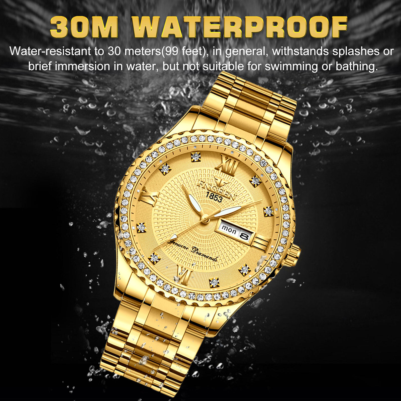 Waterproof Gold Men’s Watch Classic Stainless Steel Quartz Analog Business Gift
