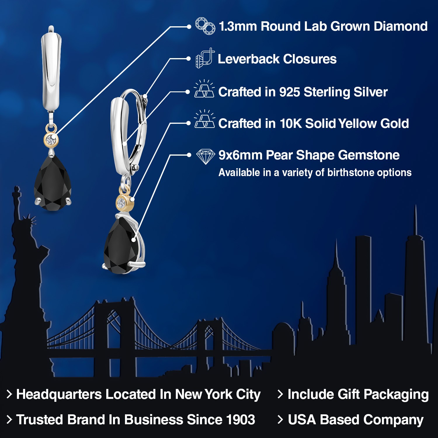 925 Silver and 10K Yellow Gold Onyx and Lab Grown Diamond Dangle Earrings for