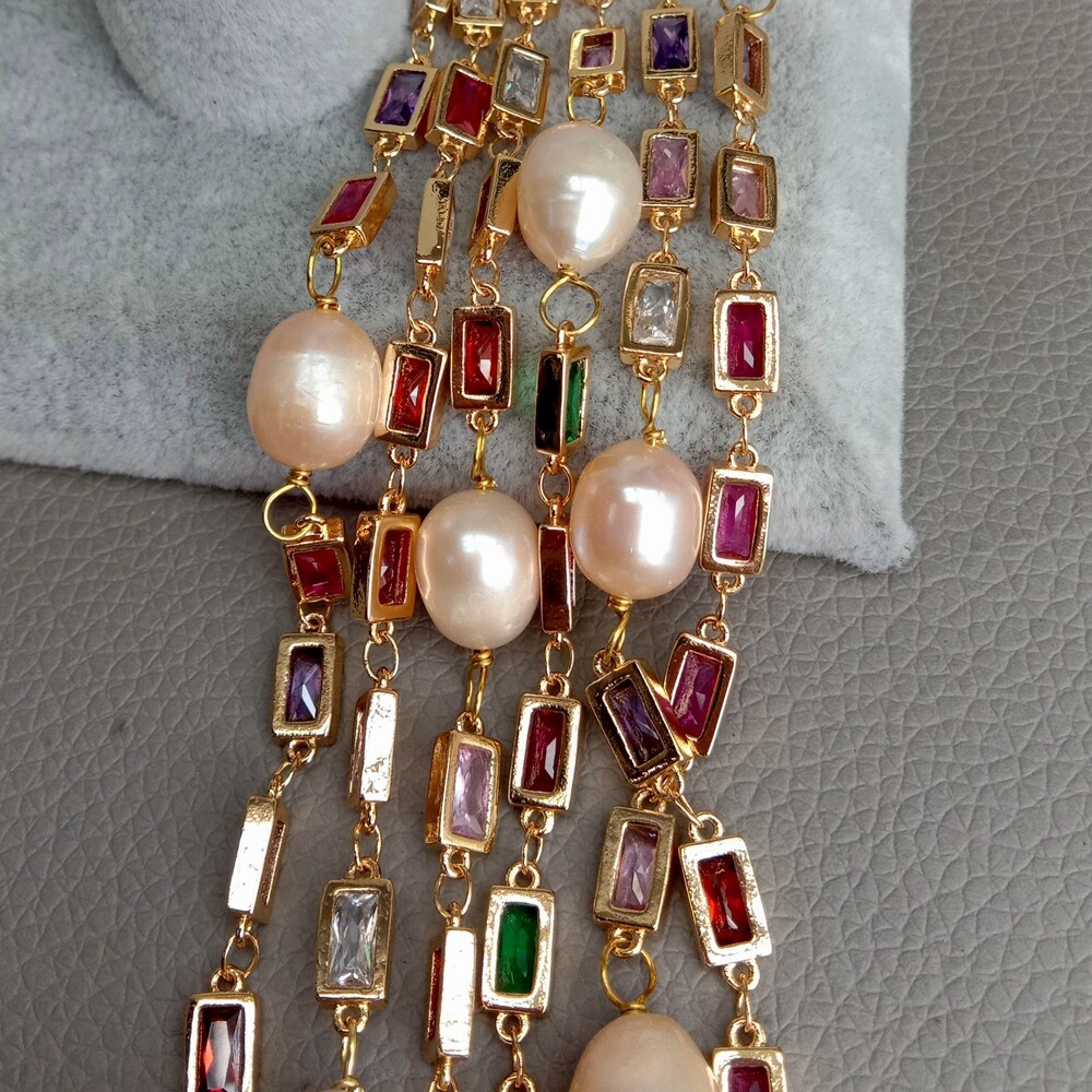 50″ Cultured Pink Keshi Pearl Mixed Color Rectangle Cz Pave Long Chain Necklace