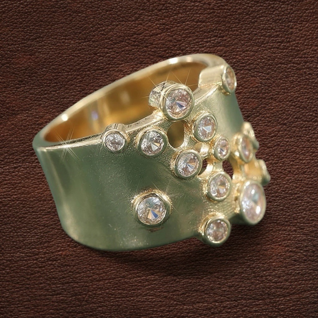 Ettika Gold Crystal Cluster Sz 8 Ring Wide Constellation Statement Boho Retro CZ