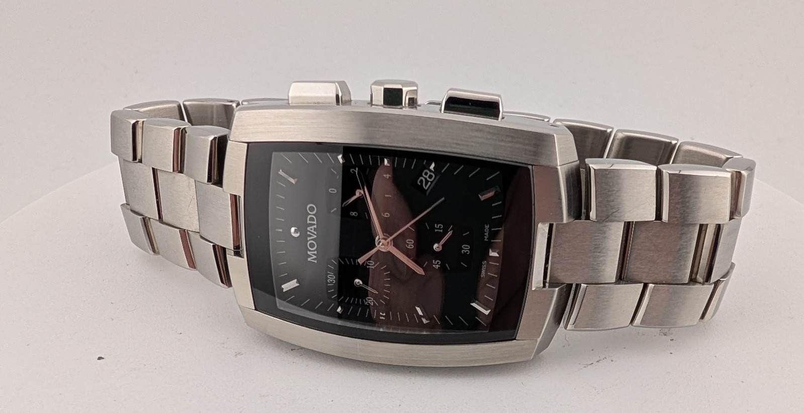 Movado Mens Eliro Chronograph SS W/Tonneau Barrel/Blk Dial #84.H1.1450~Exquisite