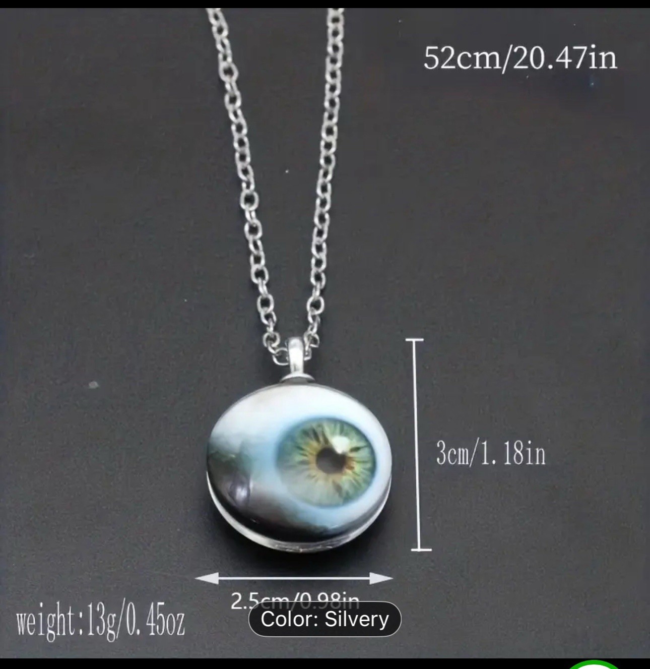 Green Eyeball Pendant On Silver Tone Chain Goth Spook Halloween 2 Sided