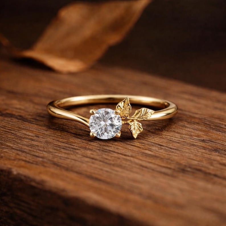 Nature Inspired Round Moissanite Ring Stackable Leaf Style Anniversary Gift Her