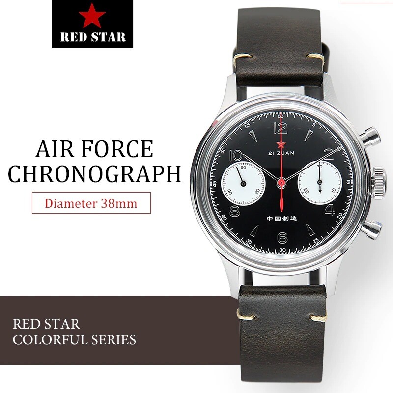 RED STAR 1963 Pilot SEAGULL ST1901 Chronograph Hand Winding Watch 38mm Swan Neck