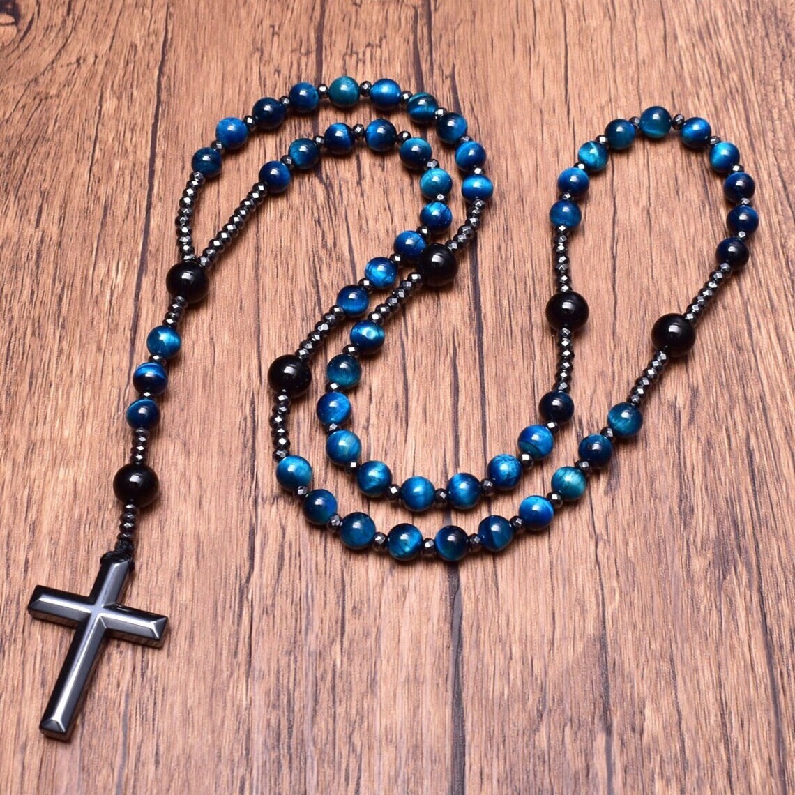 Blue Tiger’s Eye Obsidian Stone Necklace Beaded Hematite Cross Pendant Handmade