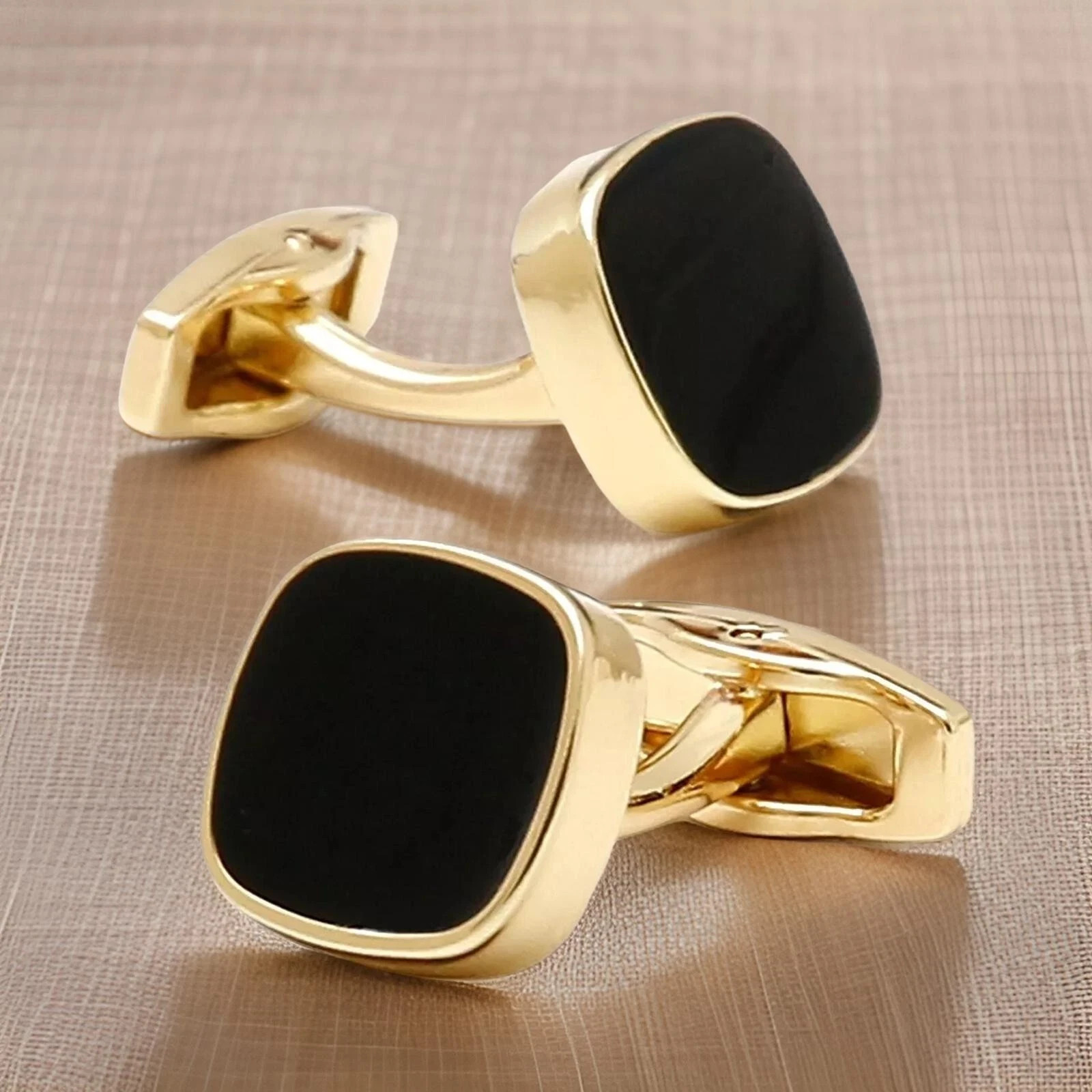 Men Luxury Cufflink Wedding Gift Black Enamel 14K Yellow Gold Plated 925 Silver