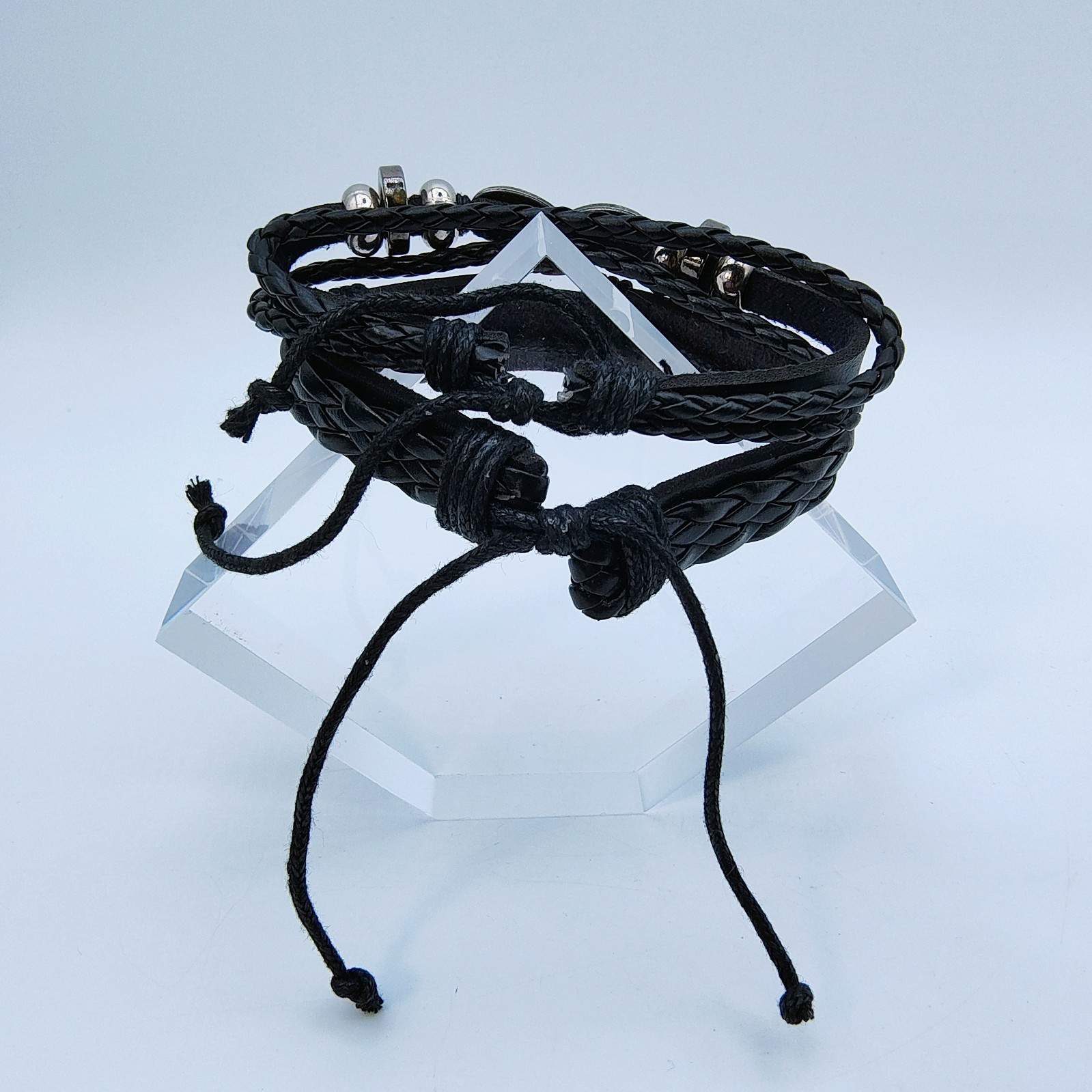 Black Faux Leather Bracelet Set of 2 Silver Tone Infinity Y2K Rock Indie Grunge