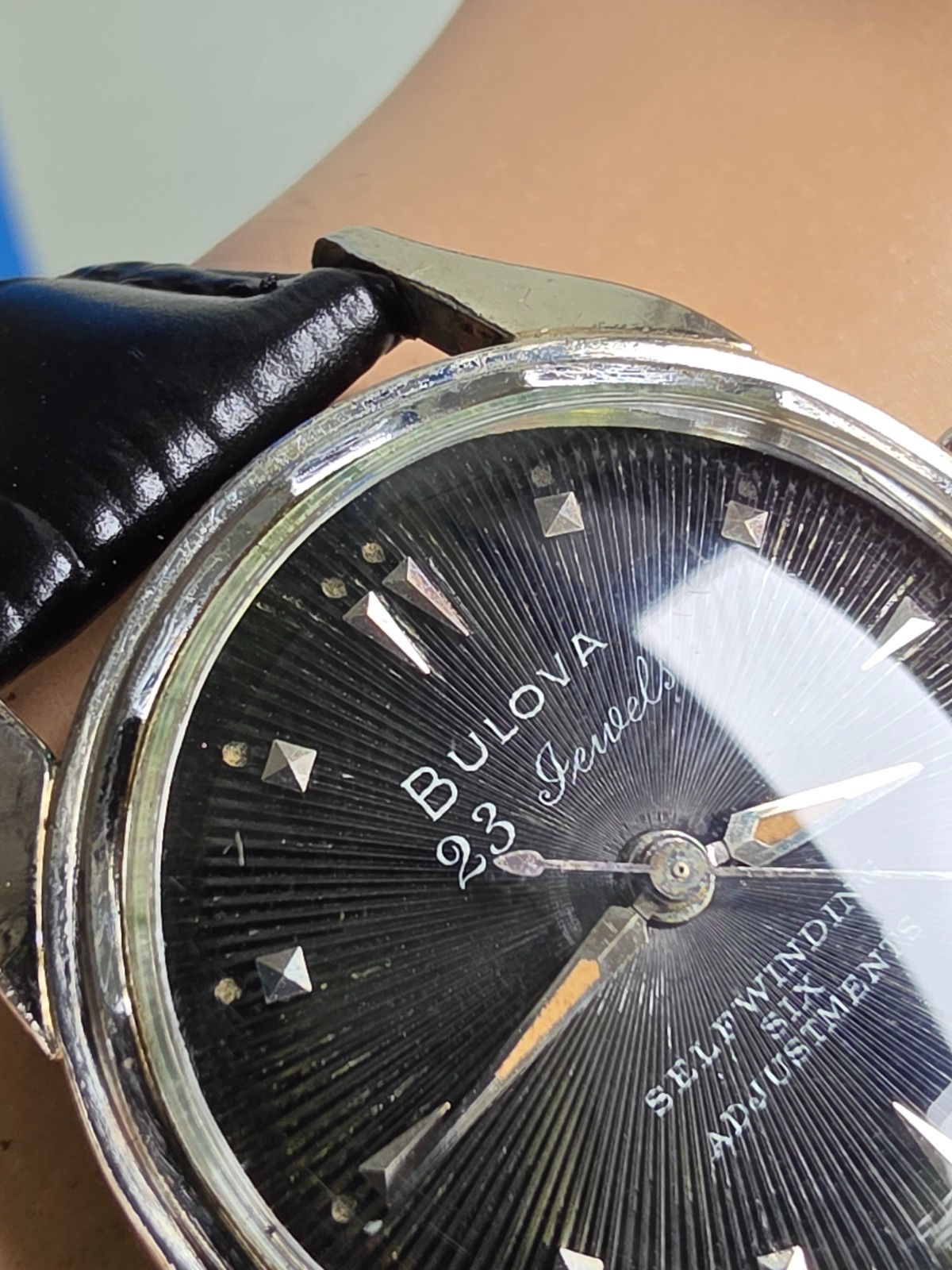 Vintage Bulova 23 “A” Men’s automatic watch 10K RGP Black Sunburst dial 1955