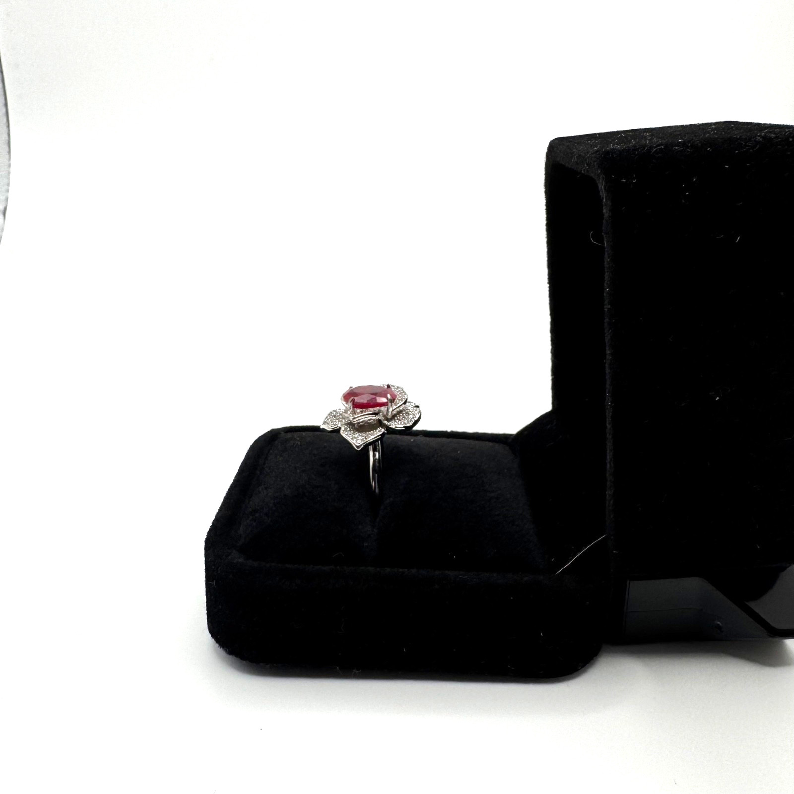Platinum Plated Adjustable 2 ct Moissanite Pink Flower Ring Vintage Inspired