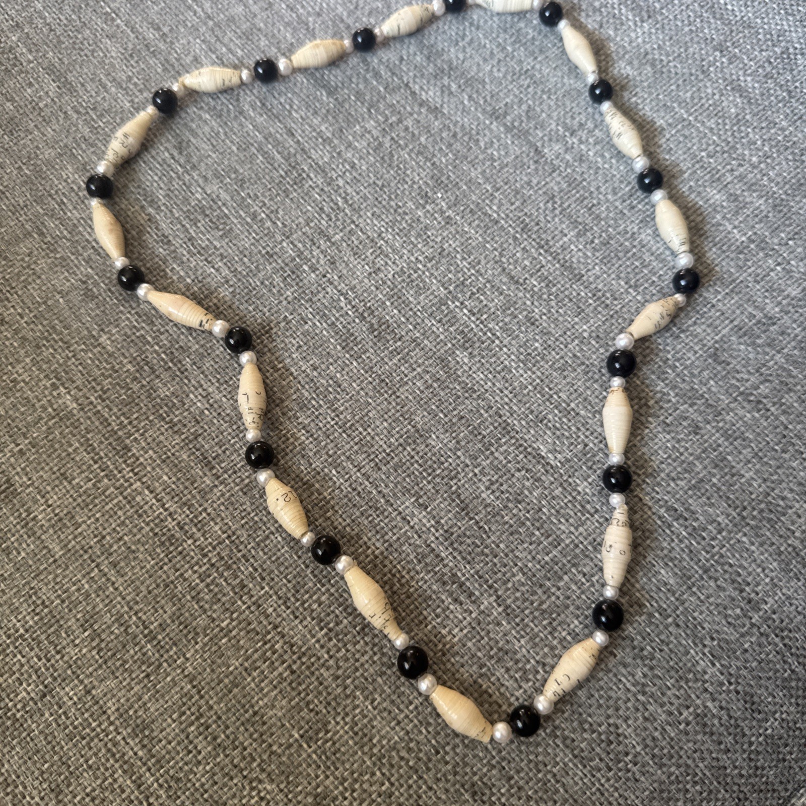 Boho Paper Bead Necklace Black Ivory Pearl Handmade