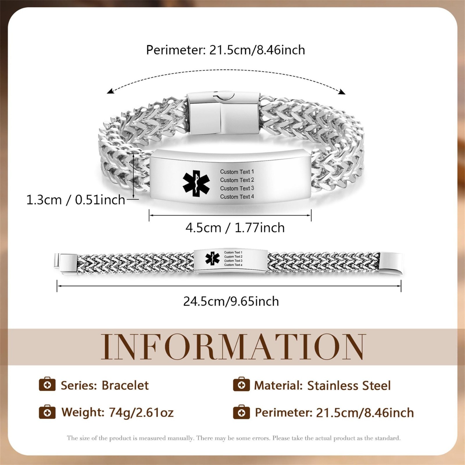 2PCS Free Engraving Medical ID Bracelet Stainless Steel Emergency Wristband