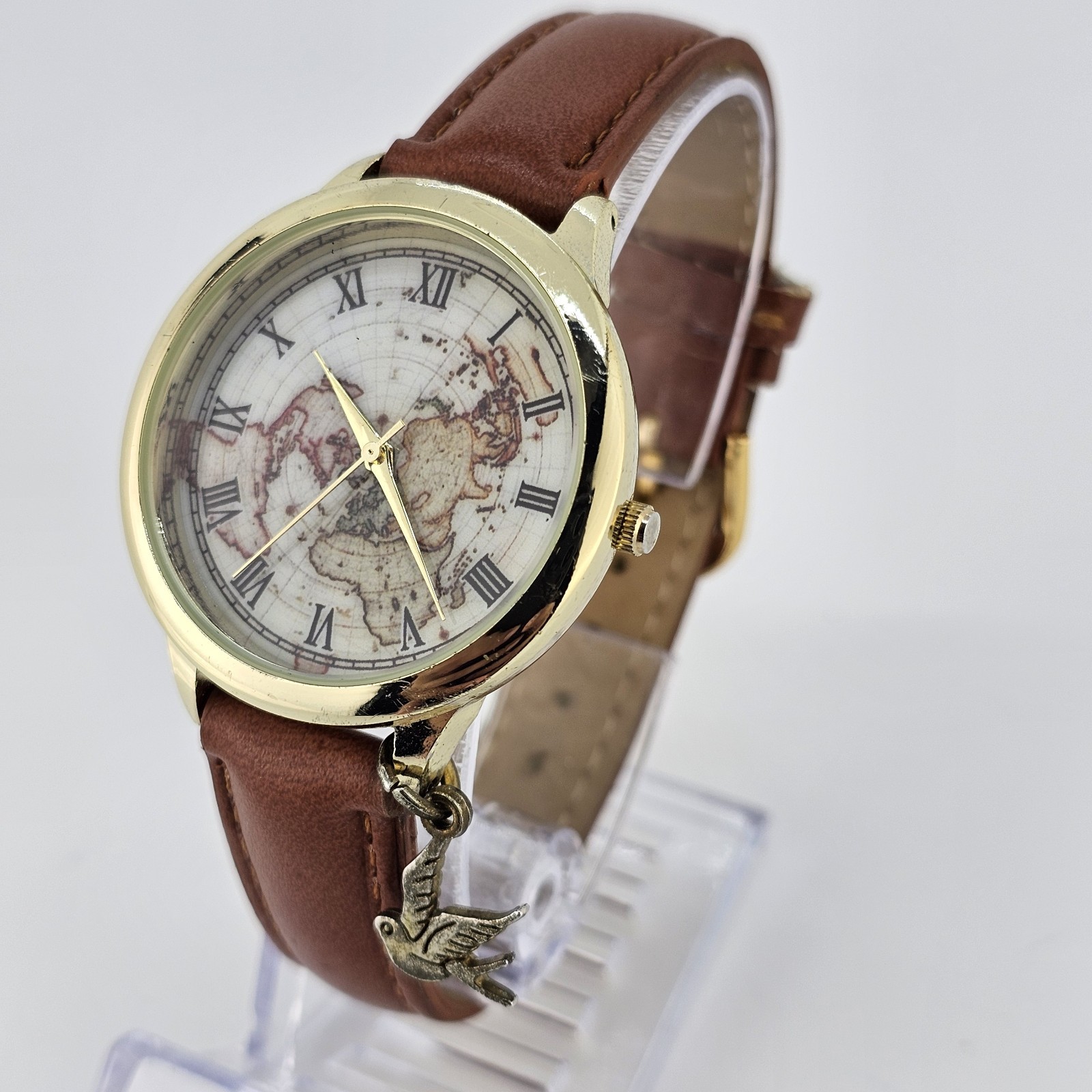 Women’s World Map Watch 38MM Multicolor Dial Brown Leather Bands NEW Battery