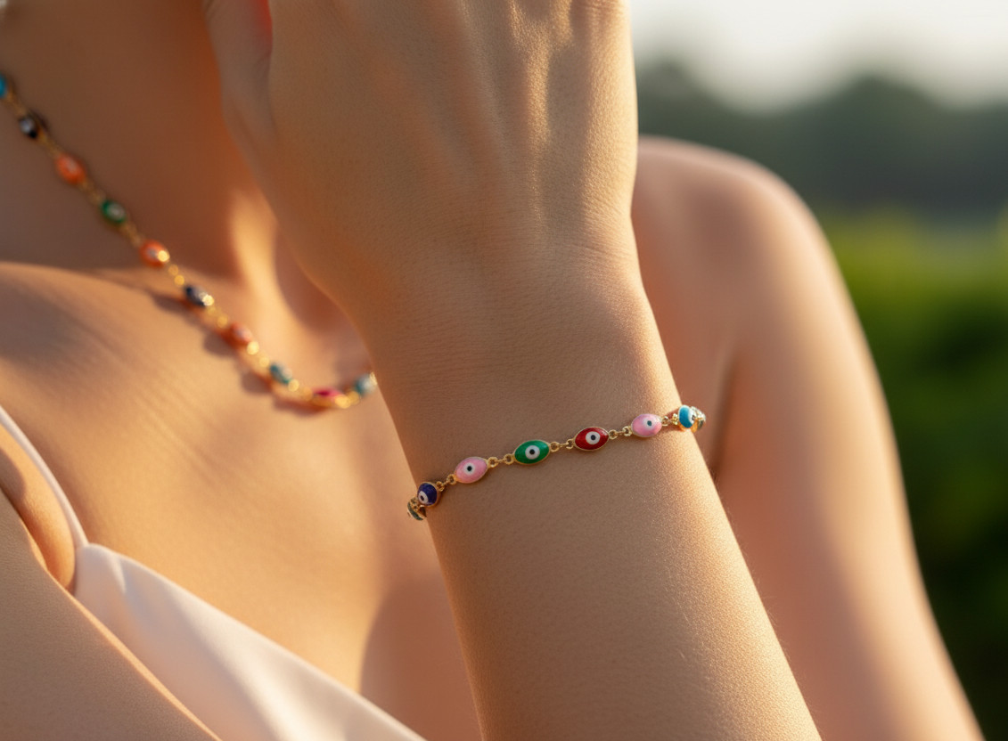 Boho Evil Eye Chain Bracelet Gold Plated Colorful Enamel Designer Jewelry