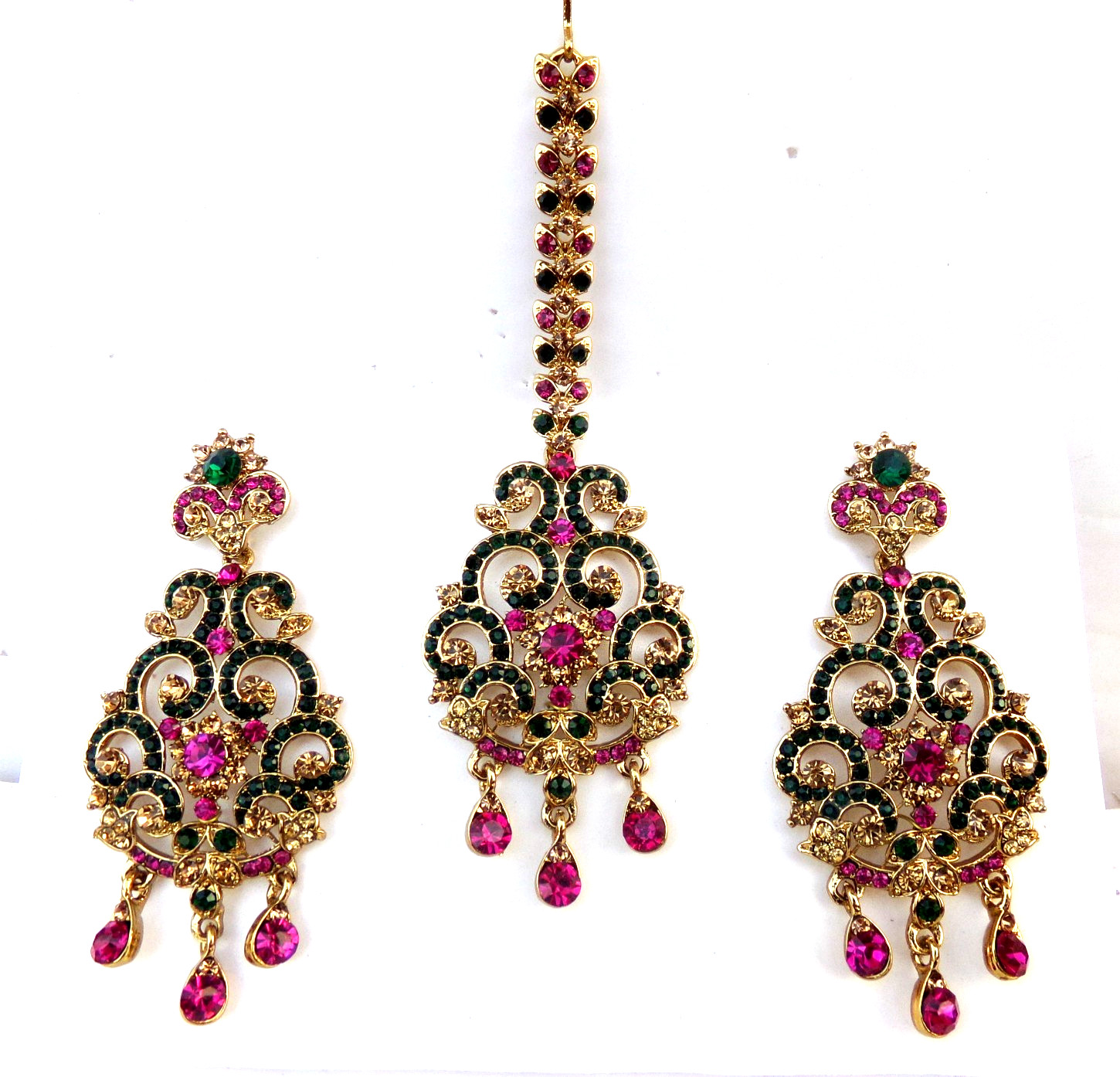 Bollywood Wedding Jewelry Ethnic Gold Tone Indian Kundan Long Earrings Tikka Set