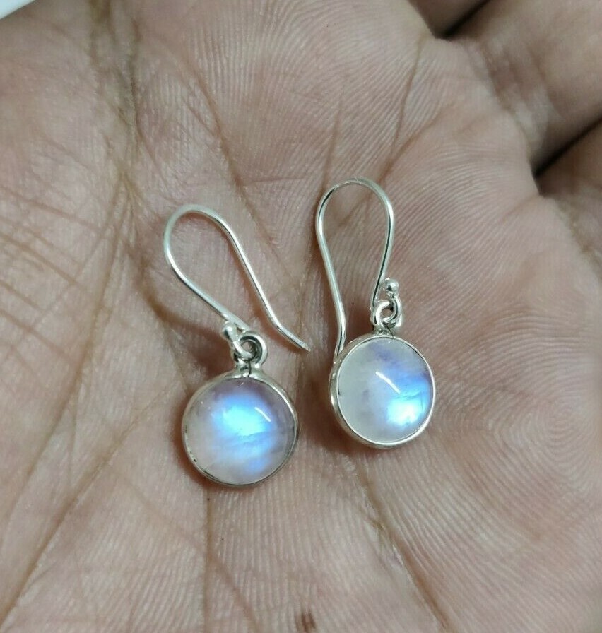 Blue Fire Rainbow Moonstone Round Cabochon 925 Sterling Silver Handmade Earrings