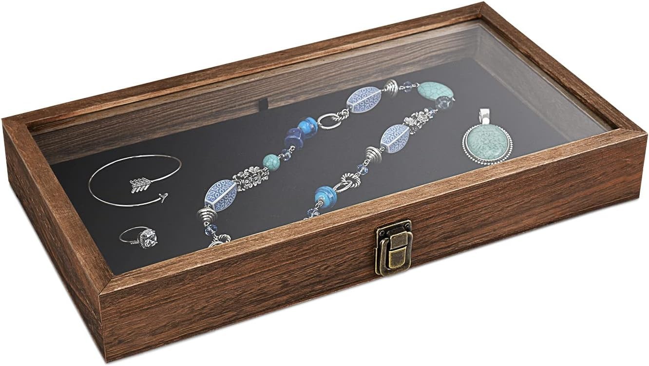 Elegant Antique Wood Jewelry Display Case with Tempered Glass Top & Velvet Pad