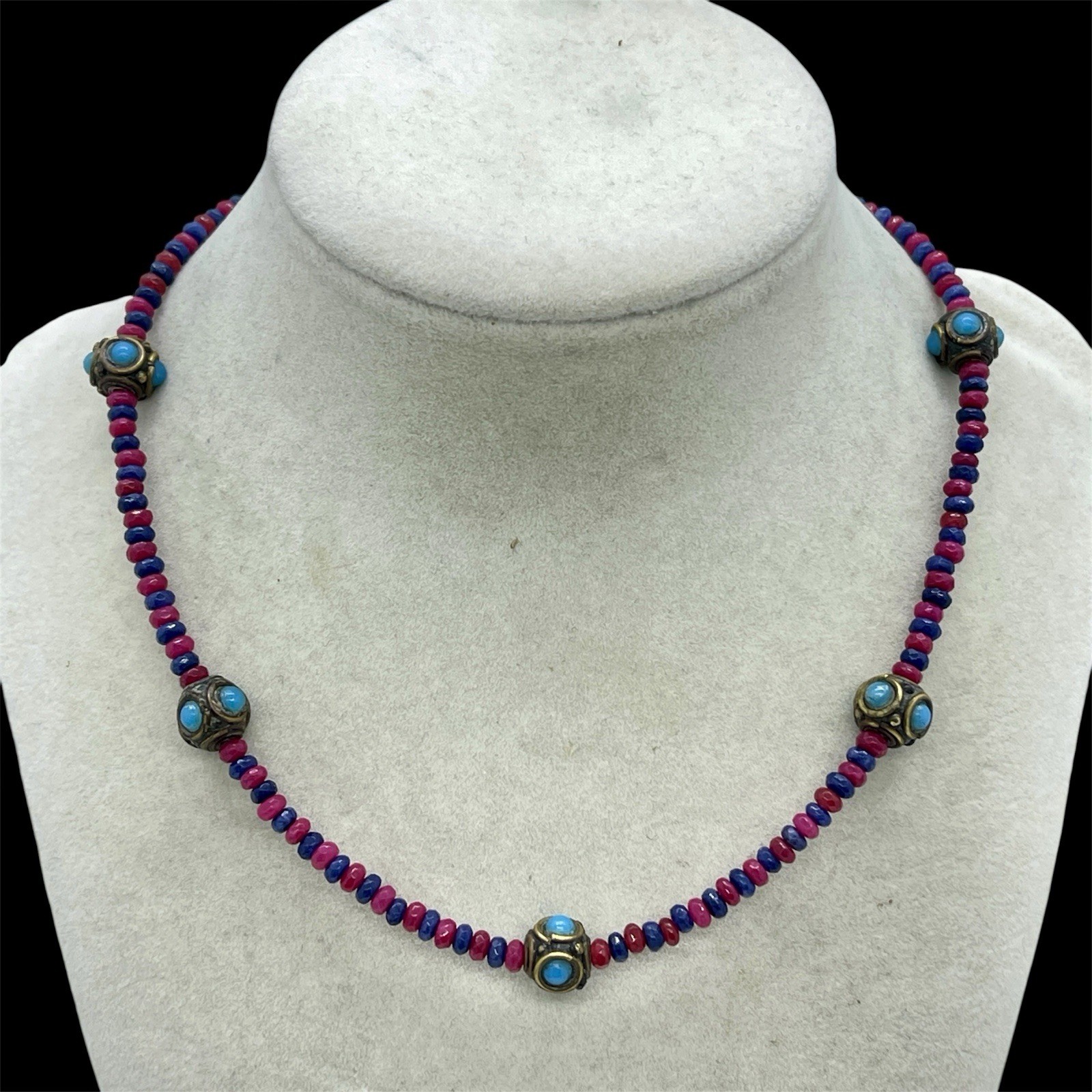 Vtg Nepalese Tibetan Brass Turquoise Glass Cabochon Amethyst Quartz Bead Choker