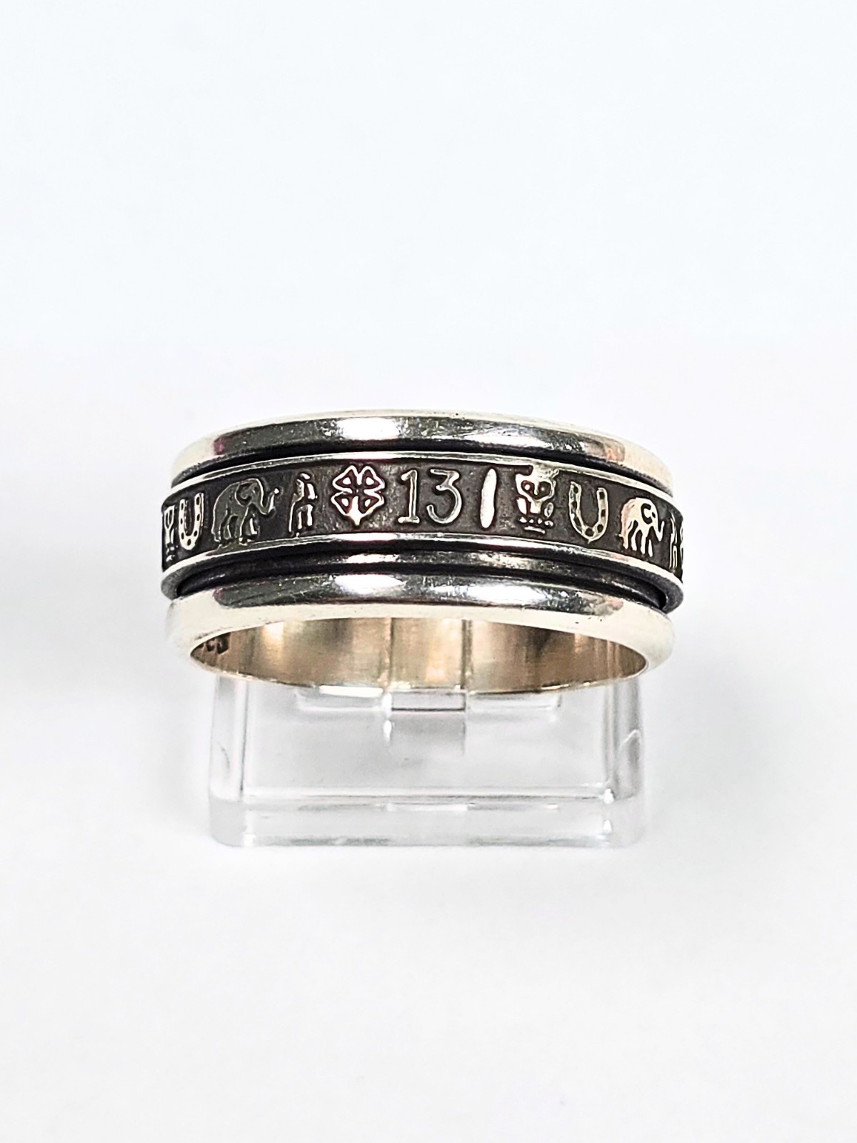 Spinner Ring Rotating Center Wide Band 925 Sterling Silver Good Luck Simbols #11