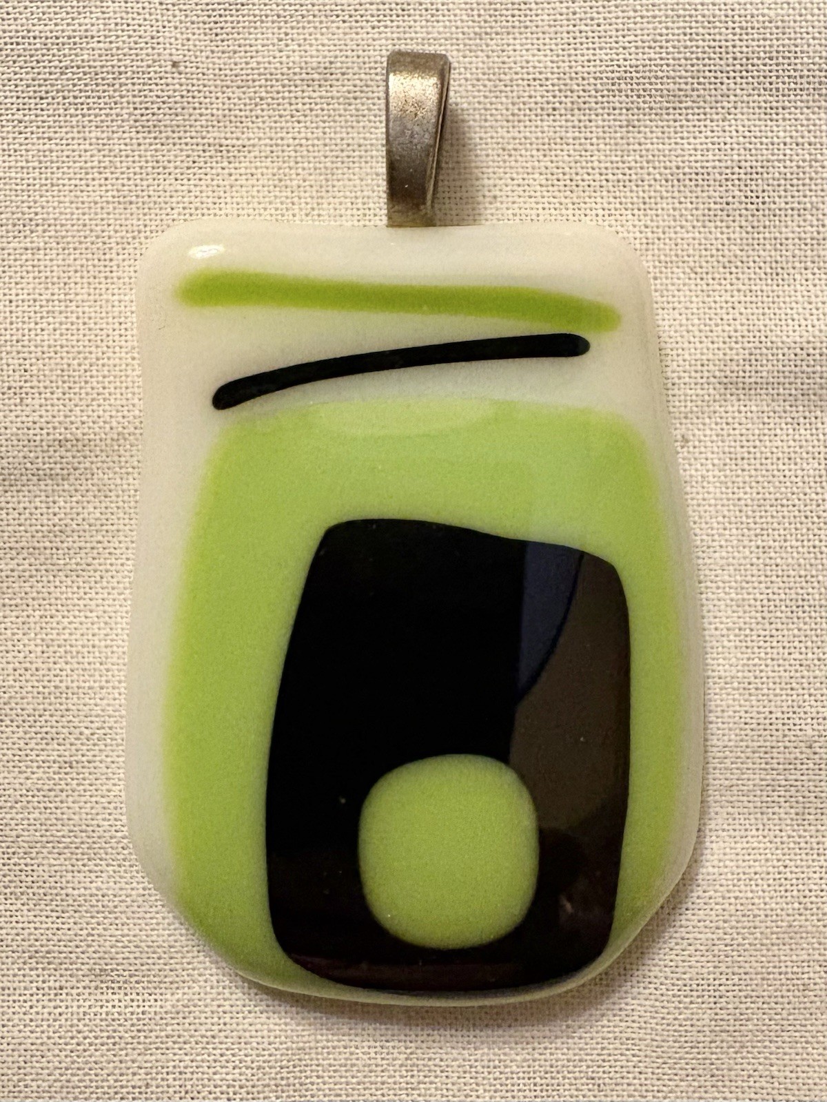 Vintage Handmade Fused Glass Pendant Abstract Lime Green Black White 18g