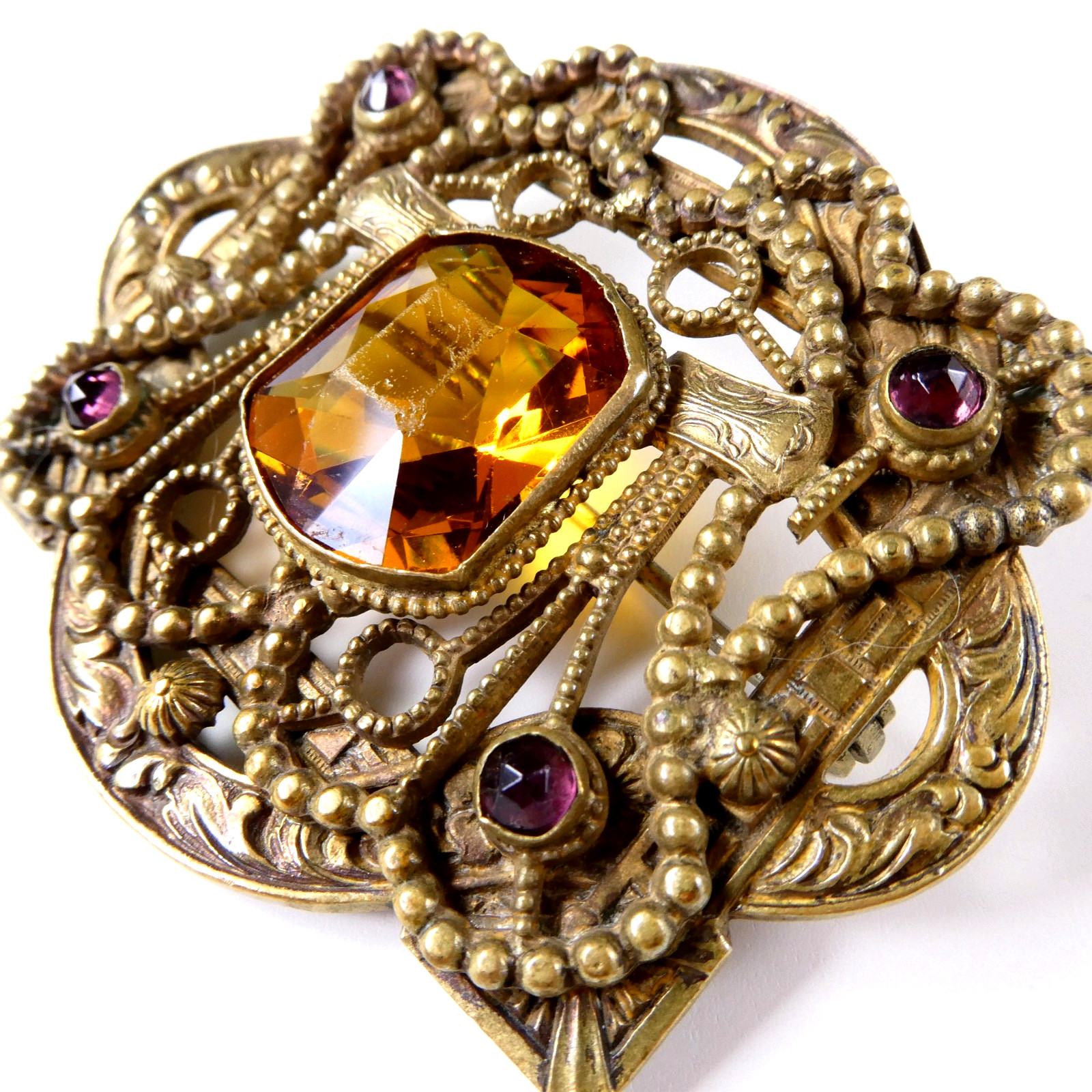 Vintage Czech Glass Filigree Brass Pin Brooch Faceted Orange Topaz Etruscan Rev