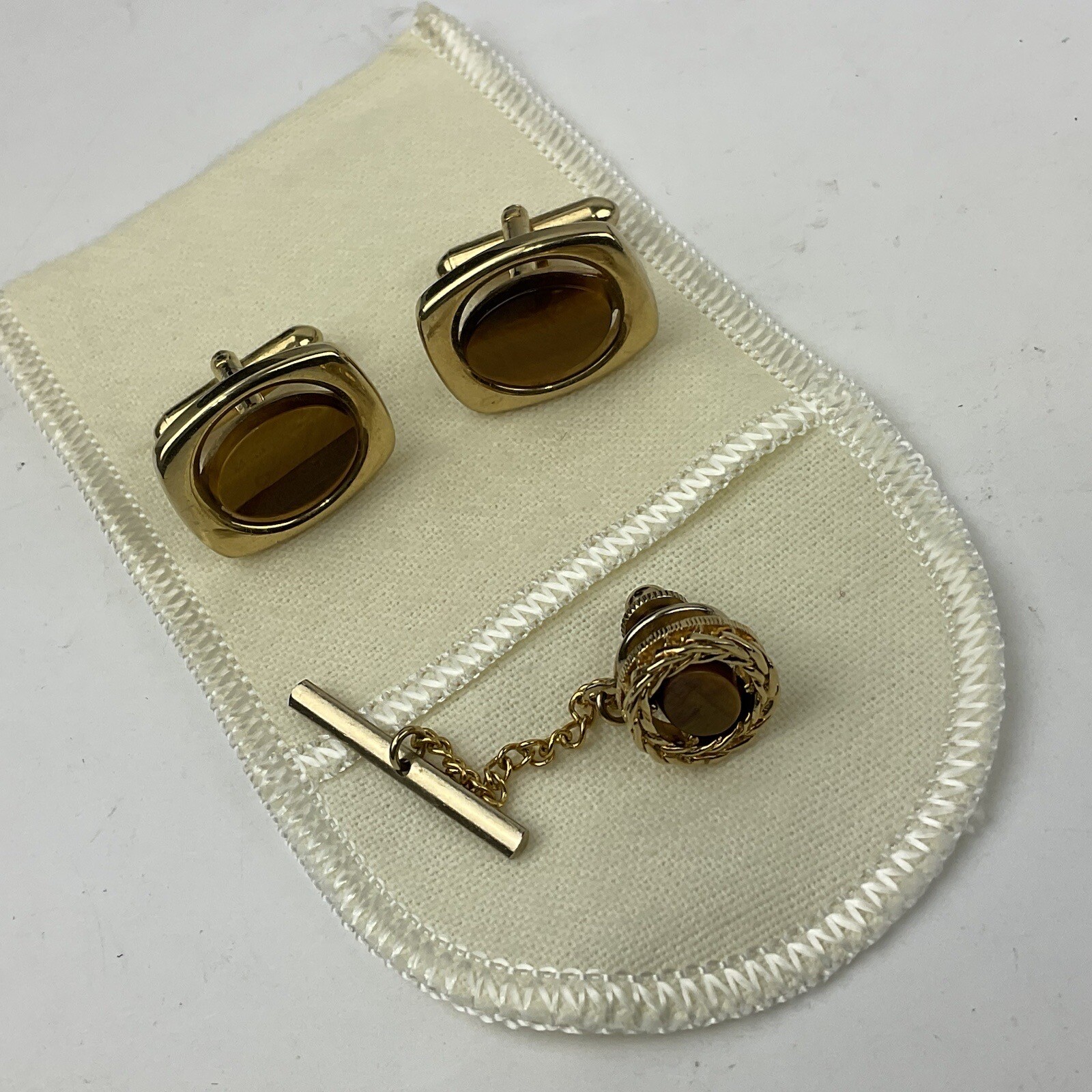 Vintage Genuine Tiger’s Eye Cuff Links Tie Tac Set Open Gold Tone Metalwork Oval