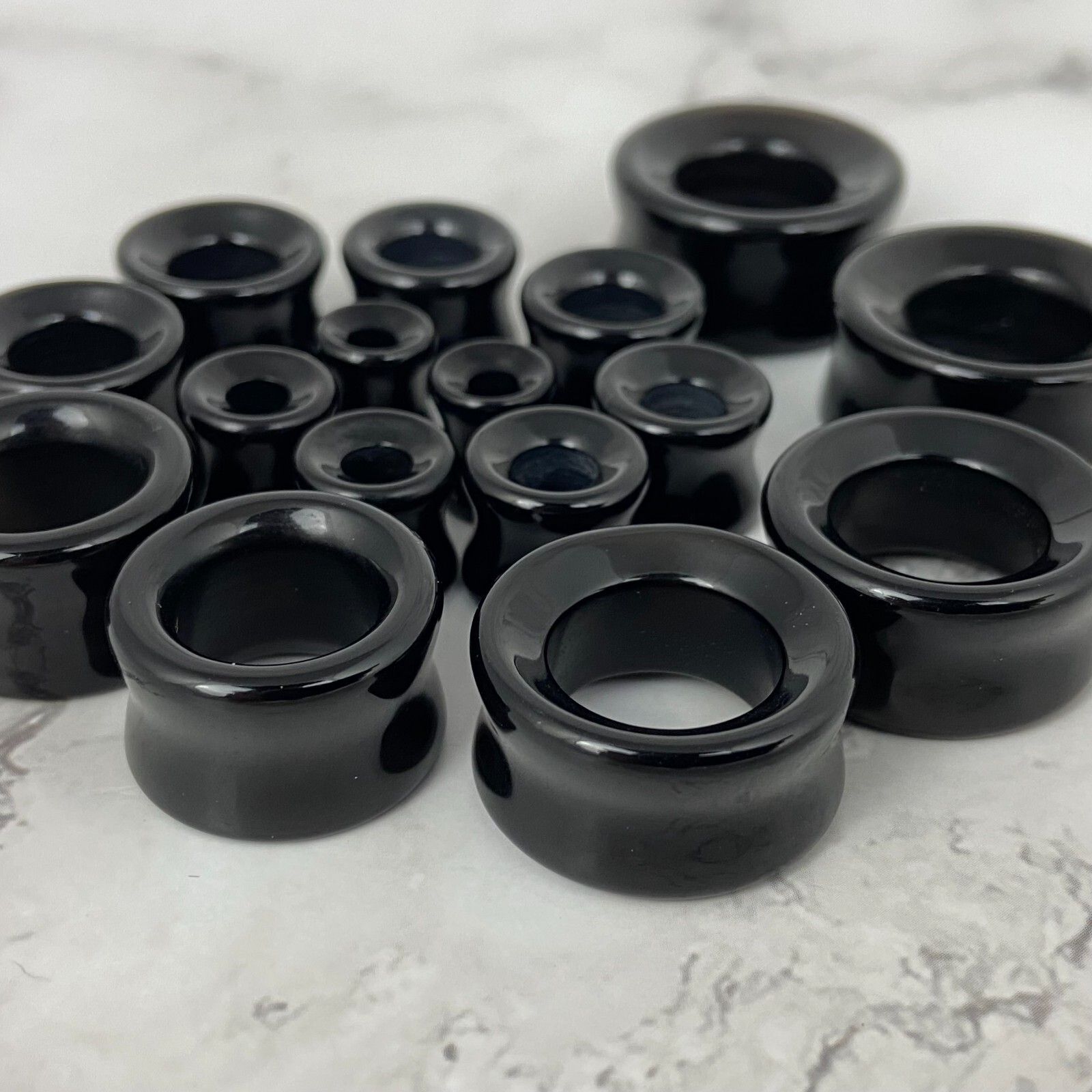 Pair of Black Agate Stone Concave Tunnels set gauges organic plugs