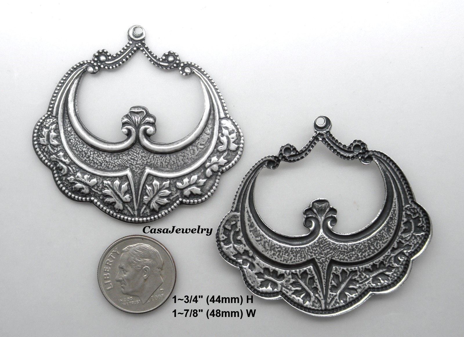 #0167 LARGE ANTIQUED STERLING SILVER PLATED OPEN DROP W/TOP HANG RING – 2 Pc Lot