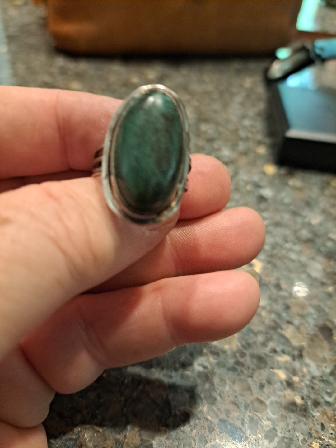 Vintage Sterling Silver 925 Malachite Cabochon Ring Adjustable Size 8 7.69g