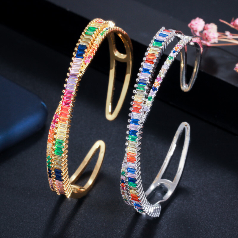 Adjustable Multicolored Gold Plated CZ Rainbow Open Cuff Bangle Fashion Jewelry