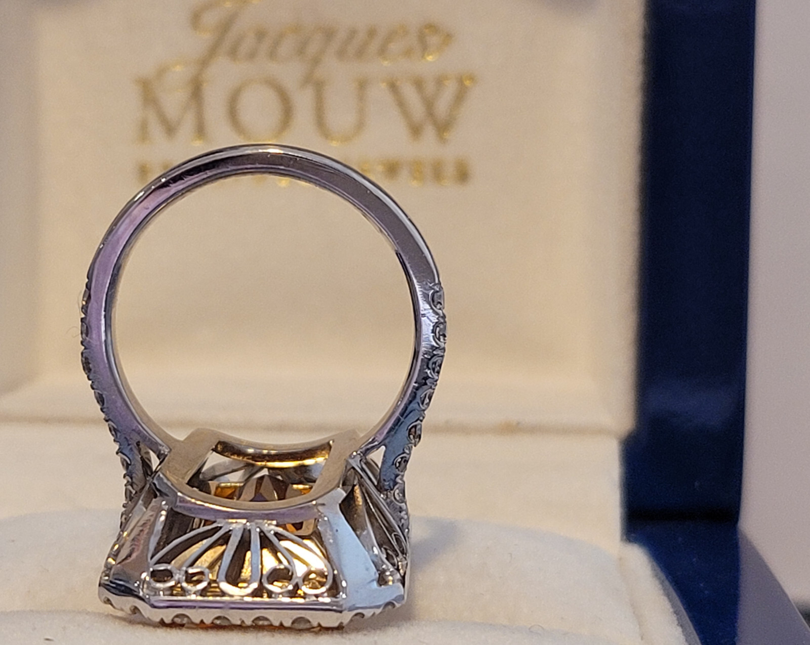Emerald Cut Citrine and Diamond Ring 7.71 carats. Set in Platinum/18KYG