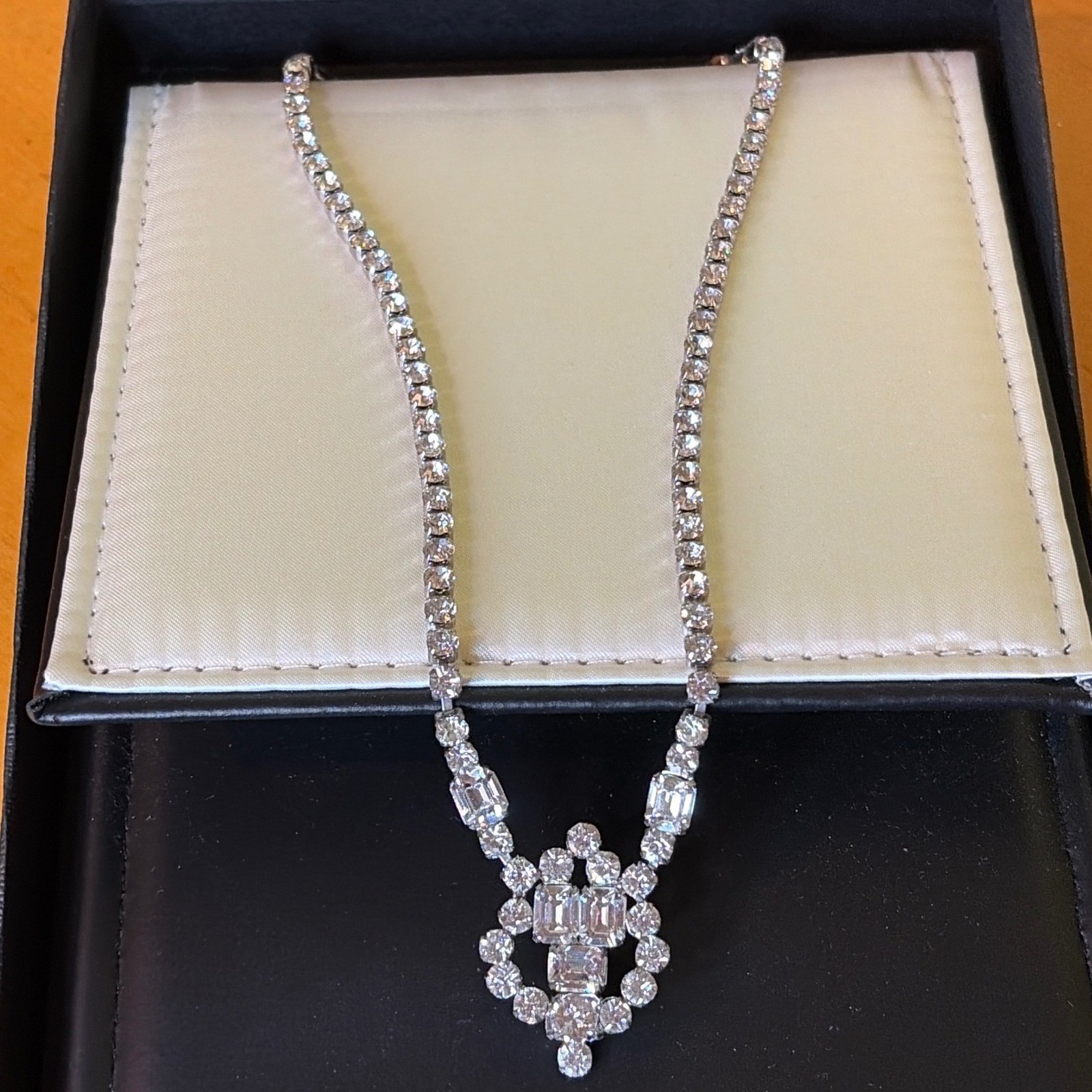Vintage Silver Tone Rhinestone Choker Necklace Emerald Round Cut Bridal 15 Inch