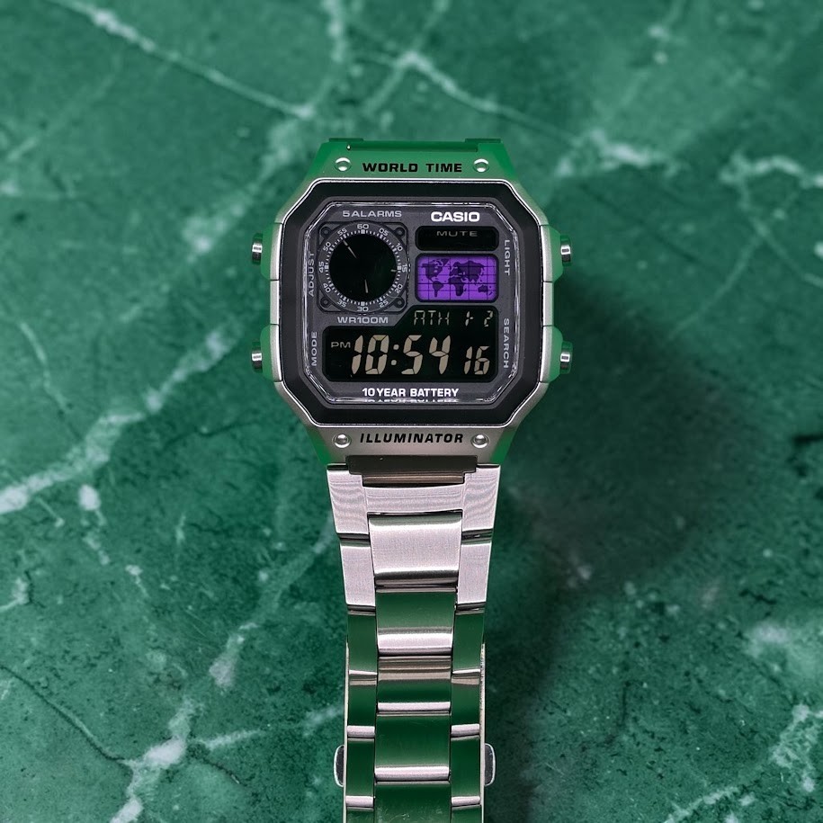 CASIO AE-1200WHD. Royale Watch Mod. Negative Display. PURPLE World Map