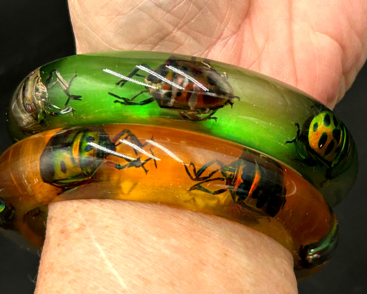 2 Vintage Resin Lucite Jewel Bettle Bangle Bracelets from Philippines Green Yell
