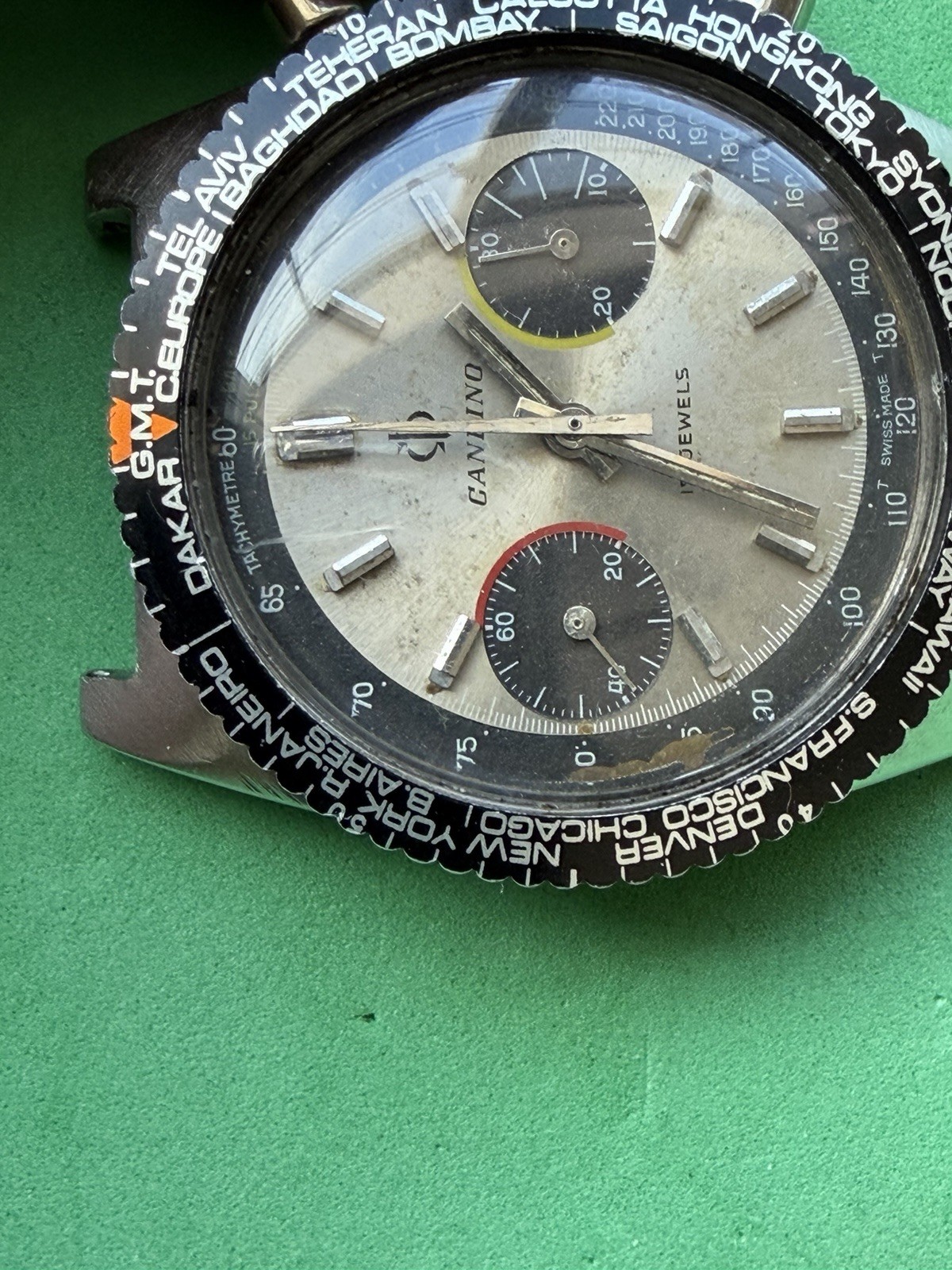 Vintage CANDINO PANDA Dial Chronograph World Time Bezel Valjoux 7733