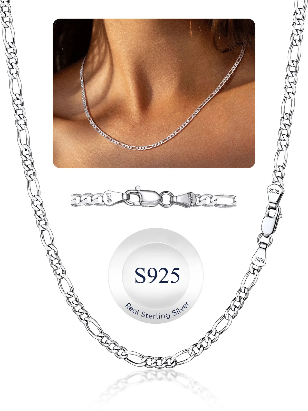 Solid 925 Sterling Silver 3Mm/5Mm Figaro Chain Necklace, Jewelry Gift for Men Wo