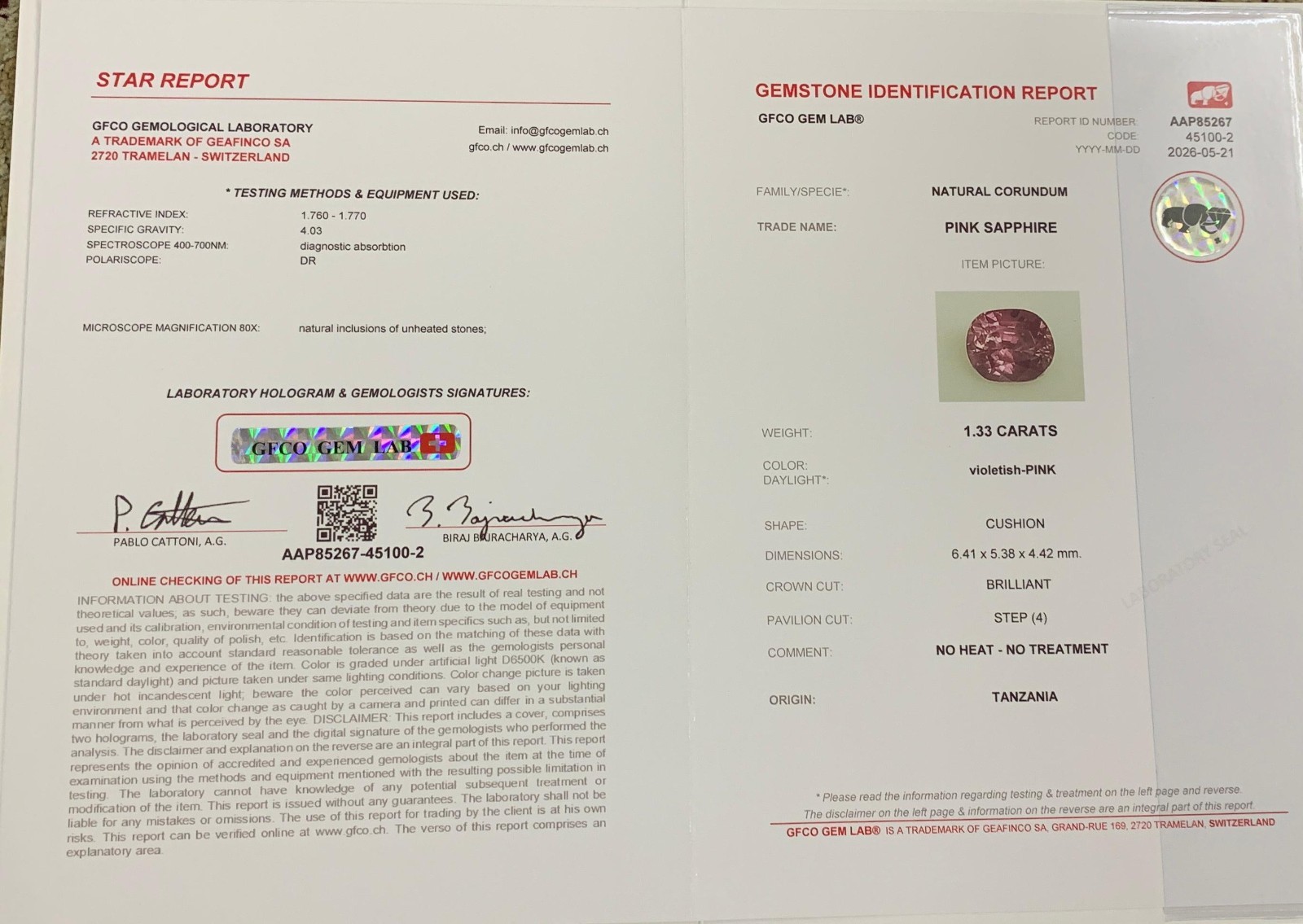 GFCO Certifide Beautiful 1.33 CTs Natural Pink Sapphire Gemstone.