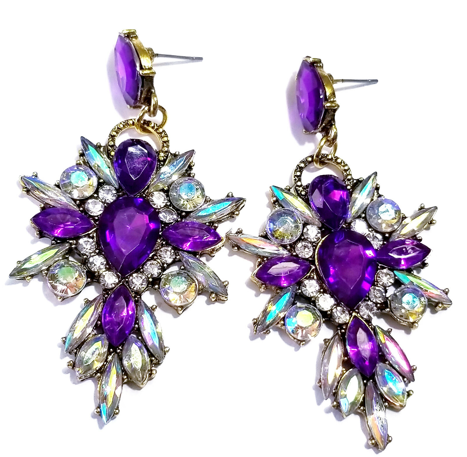 Chandelier Earrings Purple Rhinestone Crystal 2.8 in